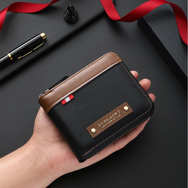 Men Retro Short Wallet Three Fold Splicing Color Design Multifunctional Business Wallet with Hidden Pocket for Daily Casual Use