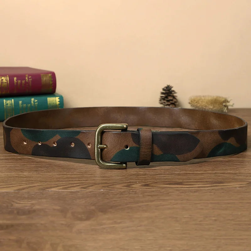 Hand-Dyed Camouflage Genuine Leather Belt – First-Layer Cowhide, Antique Brass Pin Buckle