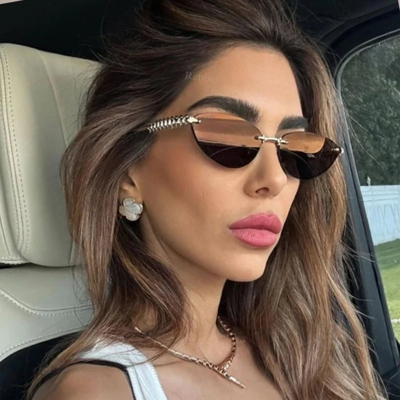 Cat Eye Rivet Rimless Sunglasses Women Luxury 2025 Fashion Brand Oval Narrow Sun Glasses Shades Trendy Elegant Unique Eyewear