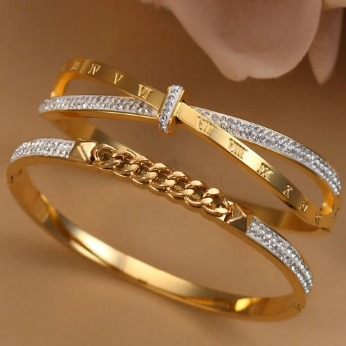 Crystal Cross Roman Numeral Bangle | Stainless Steel Charm Bracelet for Women