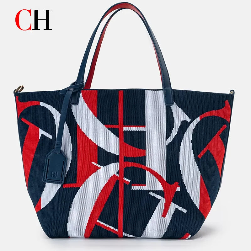 CH Tote Bag Women Letter Knit Handbag Large Capacity Top Shoulder Bag Fashion Daily Shopping Commuter Ladies Crossbody Purse
