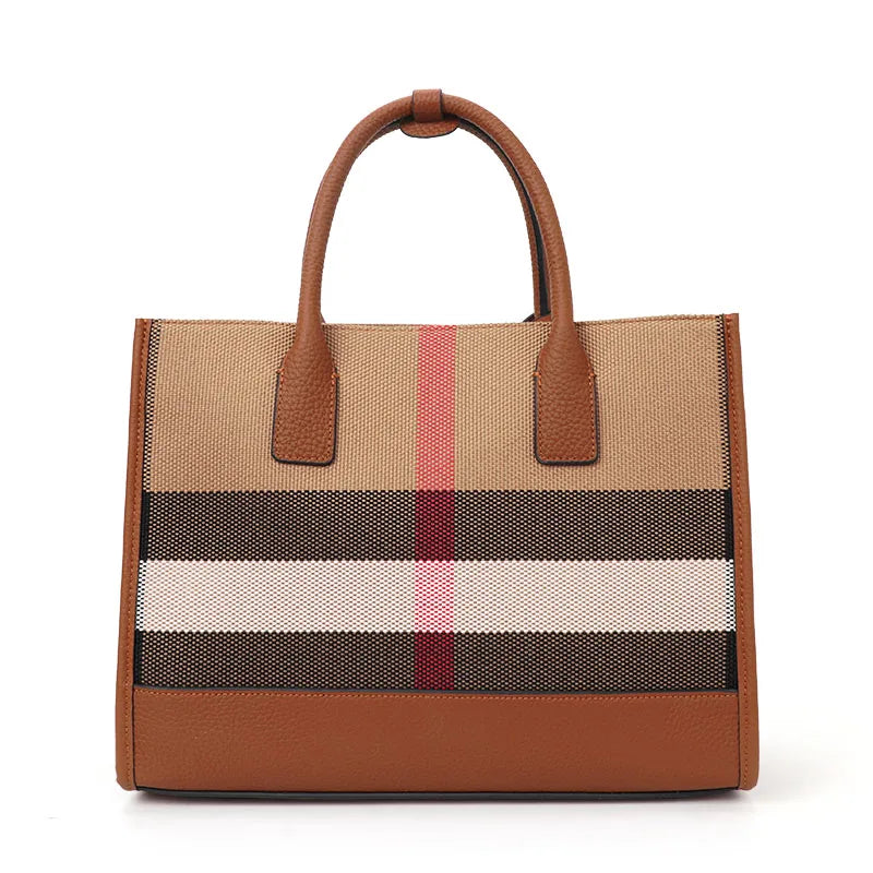 Plaid Canvas & Cowhide Shoulder Bag – Large Capacity Classic Crossbody Tote for Women