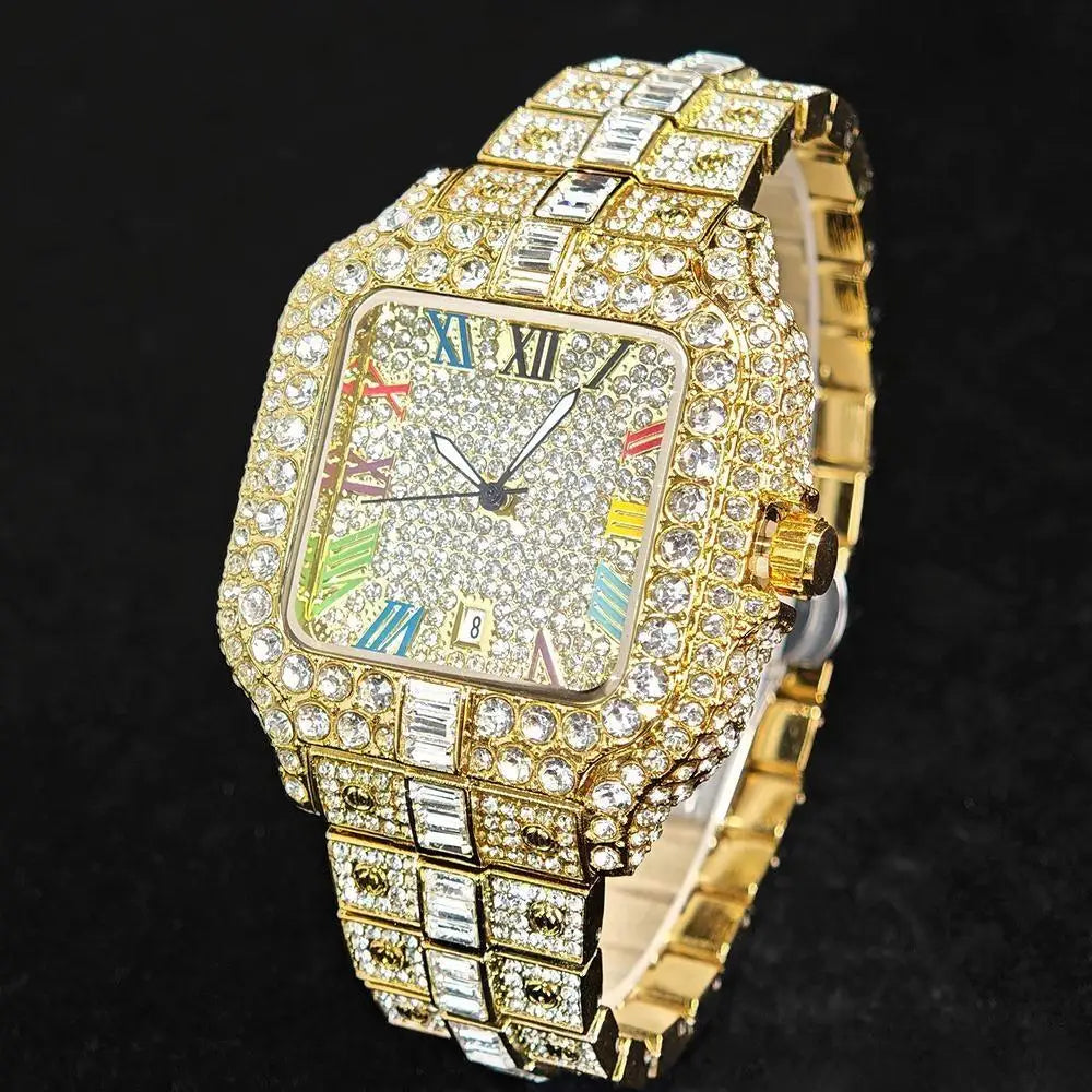 UNIGUET Luxury Diamond Quartz Watch for Men Rainbow Dial  Calendar Hip Hop Iced Out Gold Wristwatch Mens Fashion Accessory 2025