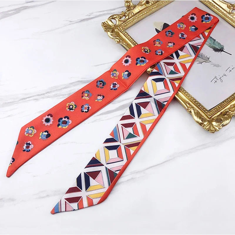 Geometric Diamond Floral Silk-Feel Scarf – Small Bag Handle Ribbon & Decorative Accessory for Women