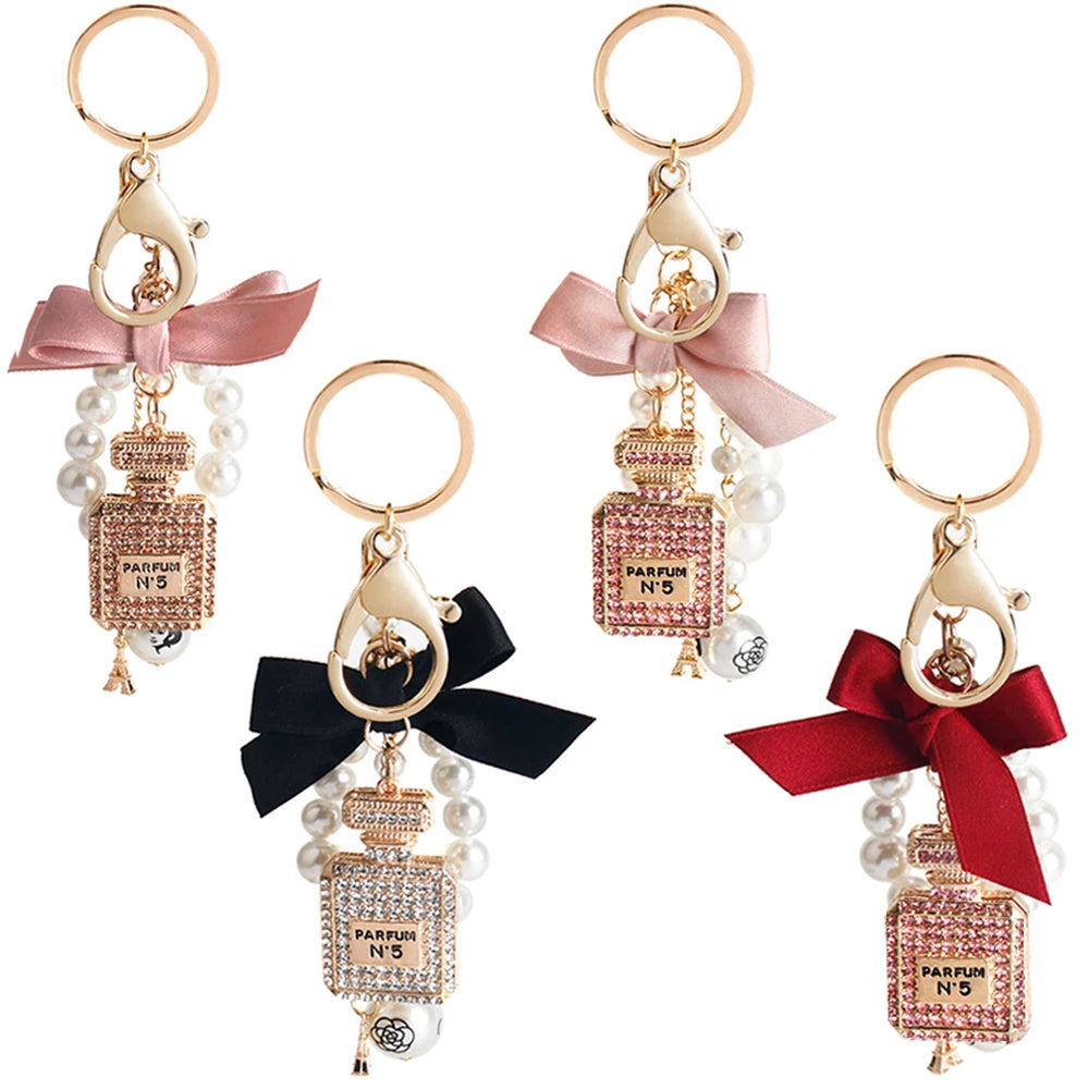 Imitation Pearl Perfume Bottle Keychain – Cute Bow Bag Charm & Car Key Ring for Women