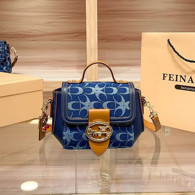 Retro Denim Canvas Satchel Bag – Light Luxury Color-Match Shoulder & Crossbody Handbag for Women