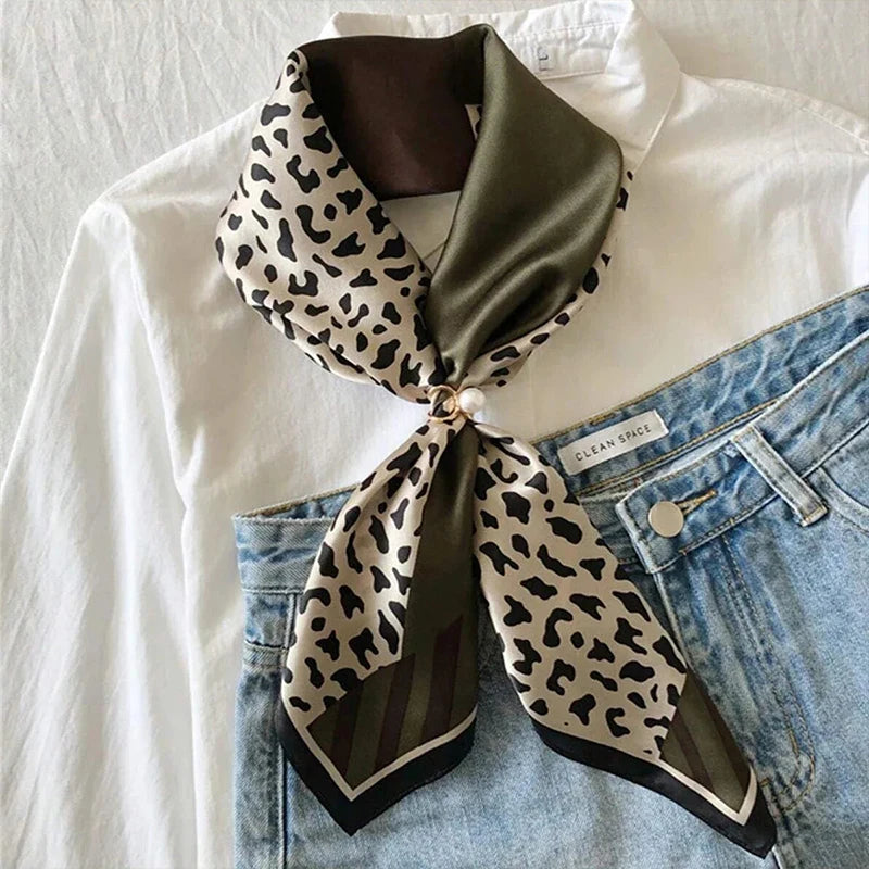 70*70cm Leopard Green Brown Silk Scarf Women Simulated Silk Fresh and Elegant Versatile Headwear Clothing Bags and Square Scarf