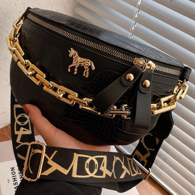 Luxurious Gold-detail Fanny Pack for Daily Outings Stylish Croc-texture Compact Lightweight Versatile Casual Waist Bag