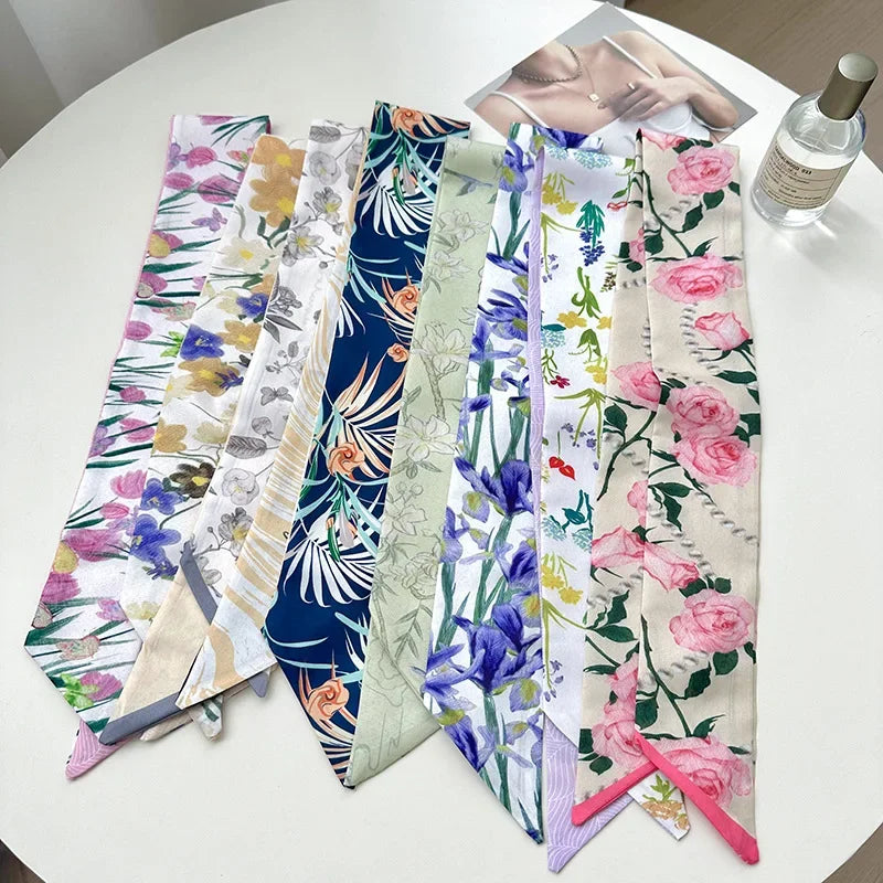 Fashion Printing Flower Long Ribbons Hair Scarf for Women INS Design Silk Headband Long Scarves Ribbon Hair Accessories