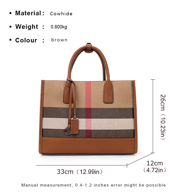 Plaid Canvas & Cowhide Shoulder Bag – Large Capacity Classic Crossbody Tote for Women