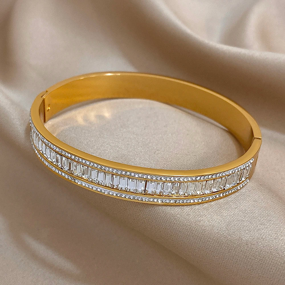 Triple-Row Baguette Zircon Gold Bangle – Wide Cuff Stainless Steel Bracelet