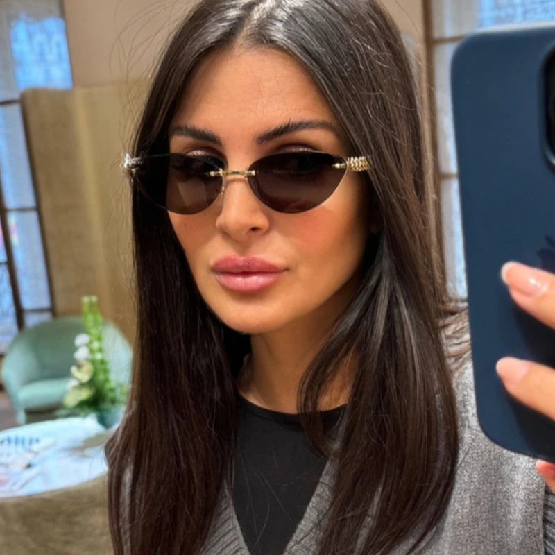 Cat Eye Rivet Rimless Sunglasses Women Luxury 2025 Fashion Brand Oval Narrow Sun Glasses Shades Trendy Elegant Unique Eyewear