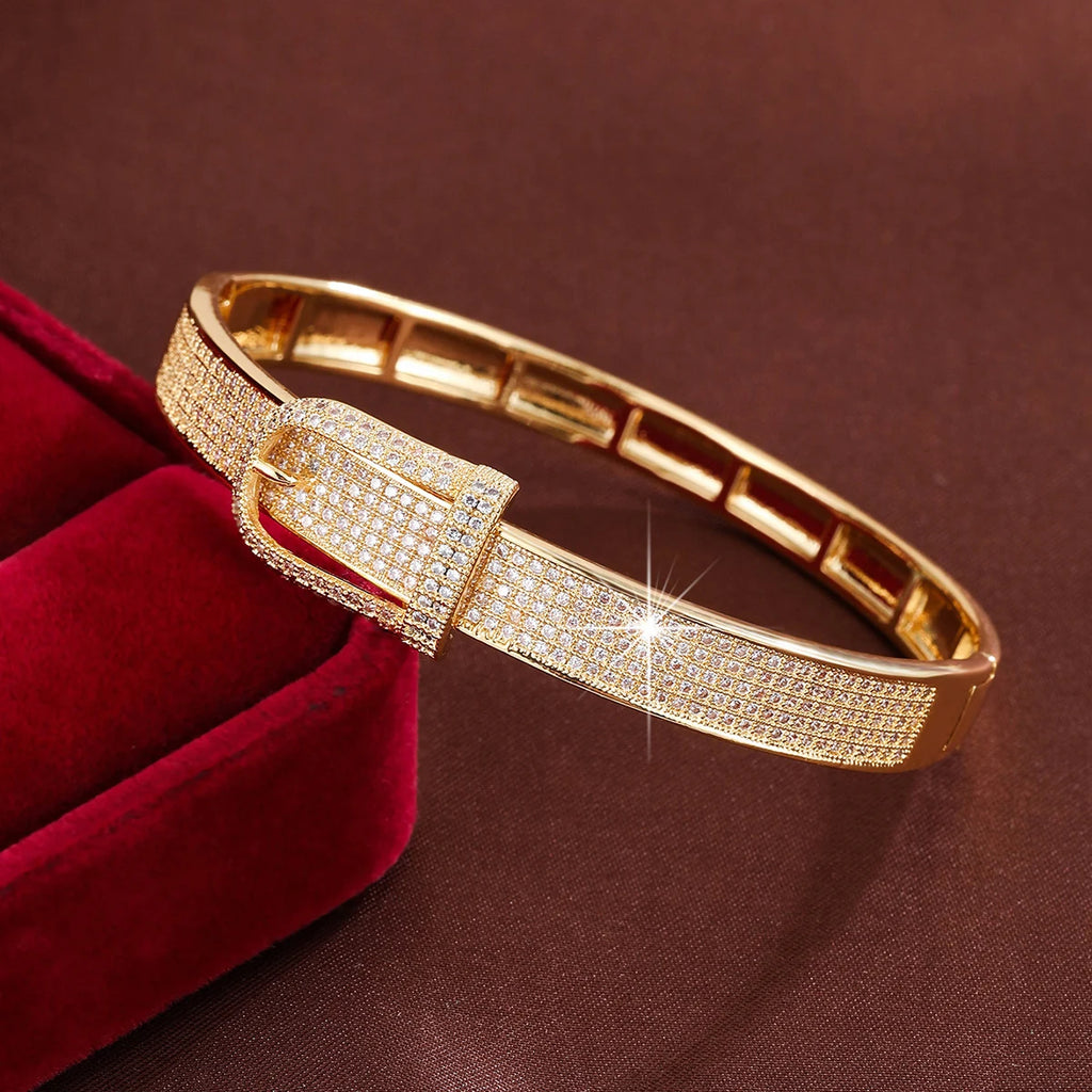 Belt Buckle Cubic Zirconia Bangle – Channel-Set Copper Cuff Bracelet for Women
