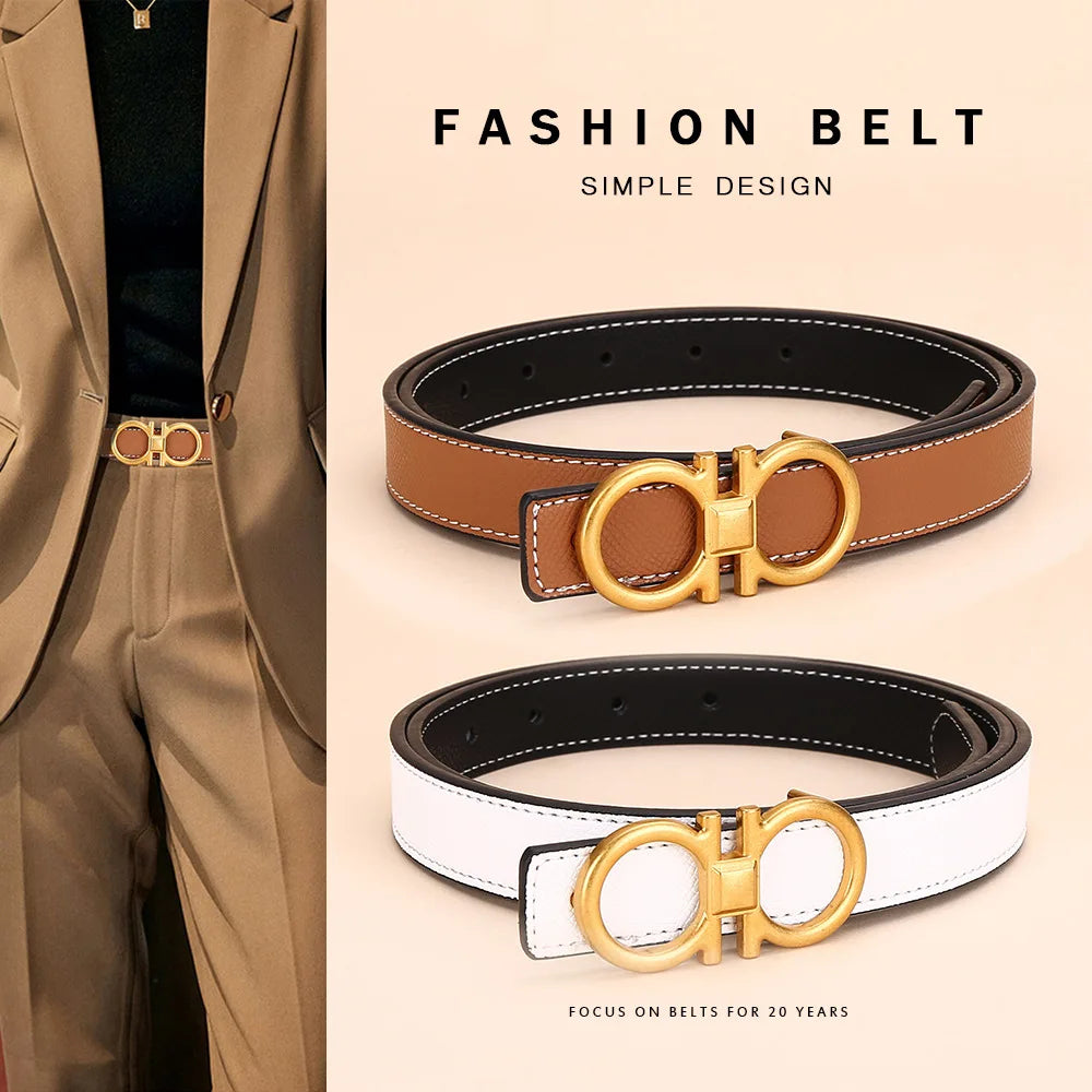 Women's double-sided leather belt; versatile ornamental cowhide waist belt; high-end smooth buckle business fashion belt