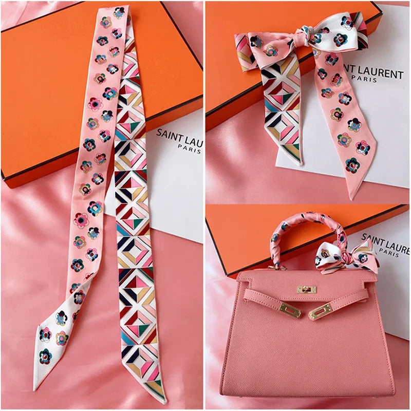 Geometric Diamond Floral Silk-Feel Scarf – Small Bag Handle Ribbon & Decorative Accessory for Women