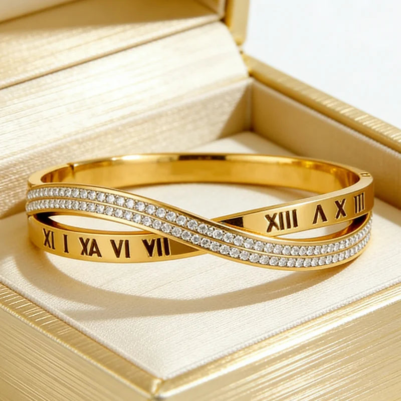 Stainless Steel Double Row Crystal Roman Numeral Bangle, Gold Plated Crisscross Bracelet for Women, Fashion Jewelry Gift